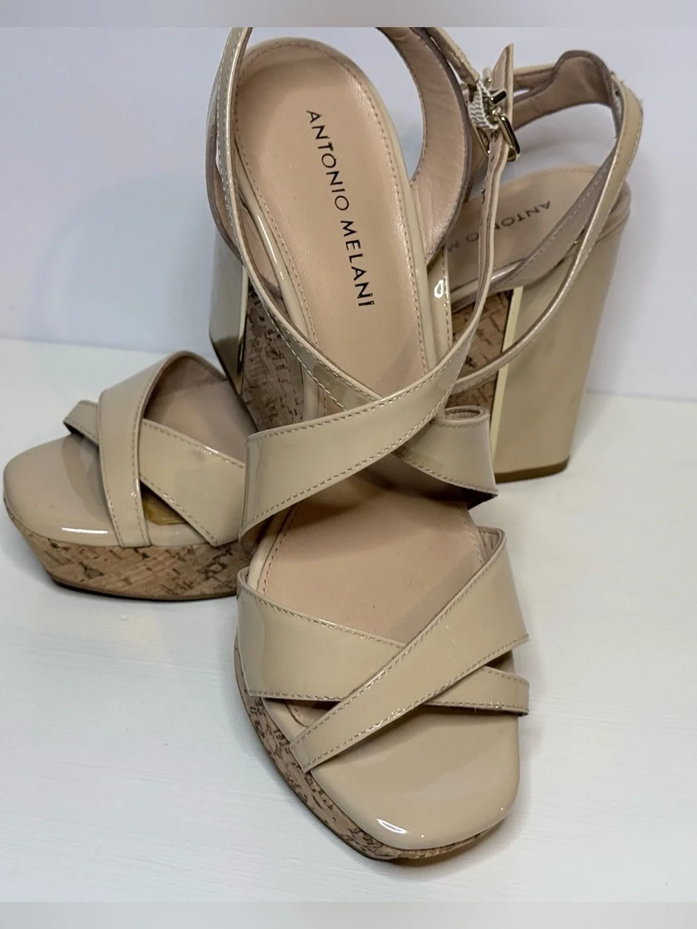 ANTONIO MELANI Nude Patent Cork Platform Sandals Size 8